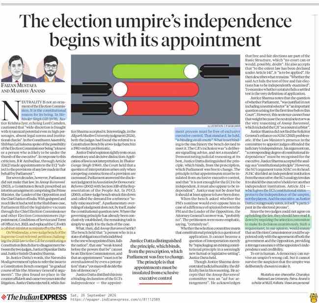 Full Indian Express editorial with annotated highlights: constitutional neutrality, the September 2026 court referral, and proposed unanimity.