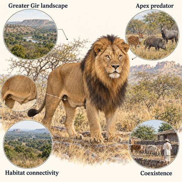 Illustration of the Asiatic lion in the Greater Gir landscape, showing its role as an apex predator, habitat connectivity and coexistence.