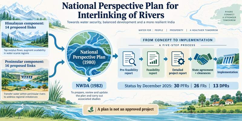 Infographic showing the National Perspective Plan for Interlinking of Rivers: its Himalayan and Peninsular components, the link-planning process and study status.
