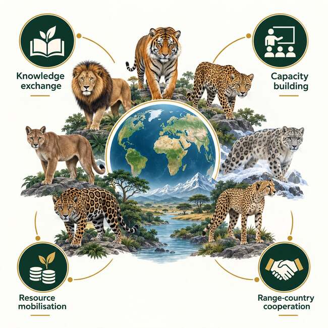 Educational illustration of the International Big Cat Alliance showing global cooperation for big cat conservation.
