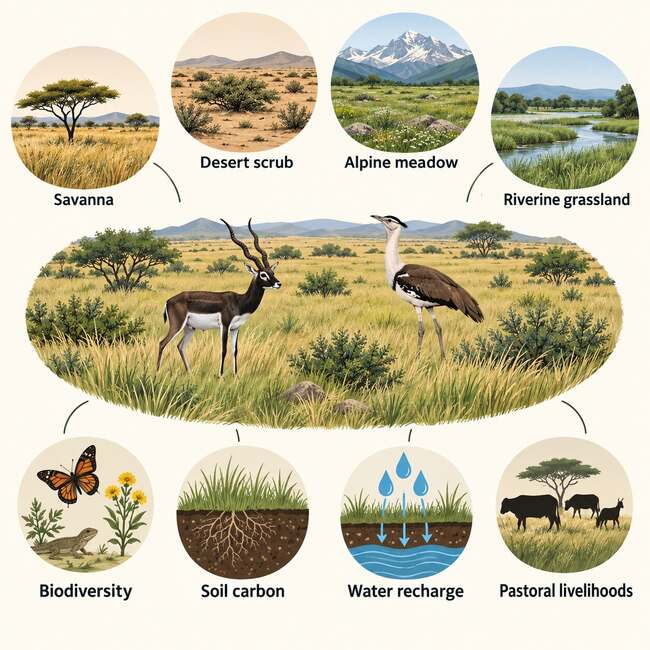 Illustration of India’s grasslands and other open natural ecosystems, showing biodiversity, soil carbon, water recharge and pastoral livelihoods.