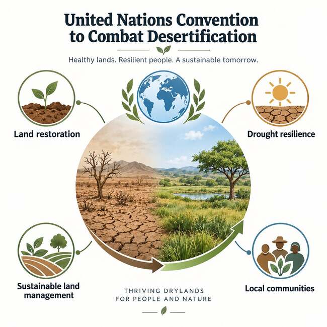 Educational illustration of UNCCD priorities: land restoration, drought resilience, sustainable land management and local communities.