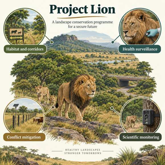 Educational illustration of Project Lion showing habitat corridors, health surveillance, conflict mitigation and scientific monitoring.